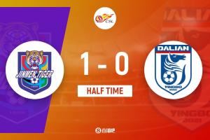 半场-天津津门虎1-0大连英博 基莱斯世界波刘祝润禁区倒地未判罚